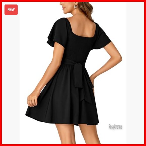 Mini Dress with Tie Back Square Neck Ruffle Hem Short Sleeve Flowy - Picture 5 of 7